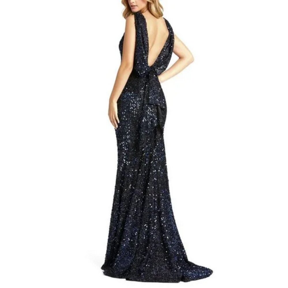 Ieena For Mac Duggal Cowl Back Boat Neck Sequined Evening Gown